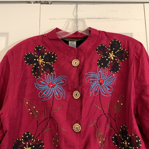 Embroidered Jacket Women’s 1X Button Down Mandarin Collar Berry.   K1 - Picture 2 of 11